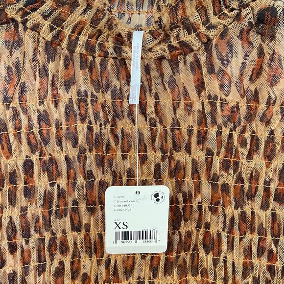 Free People Hello There Top Leopard Print Mesh Long Sleeve Ruched - Picture 9 of 14